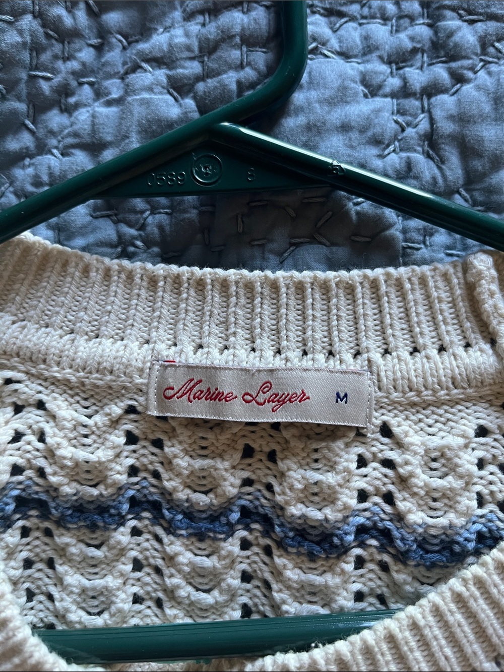 Marine Layer Cream Knit Crewneck Sweater with Pink, Blue & Green Stripes - Picture 3 of 4